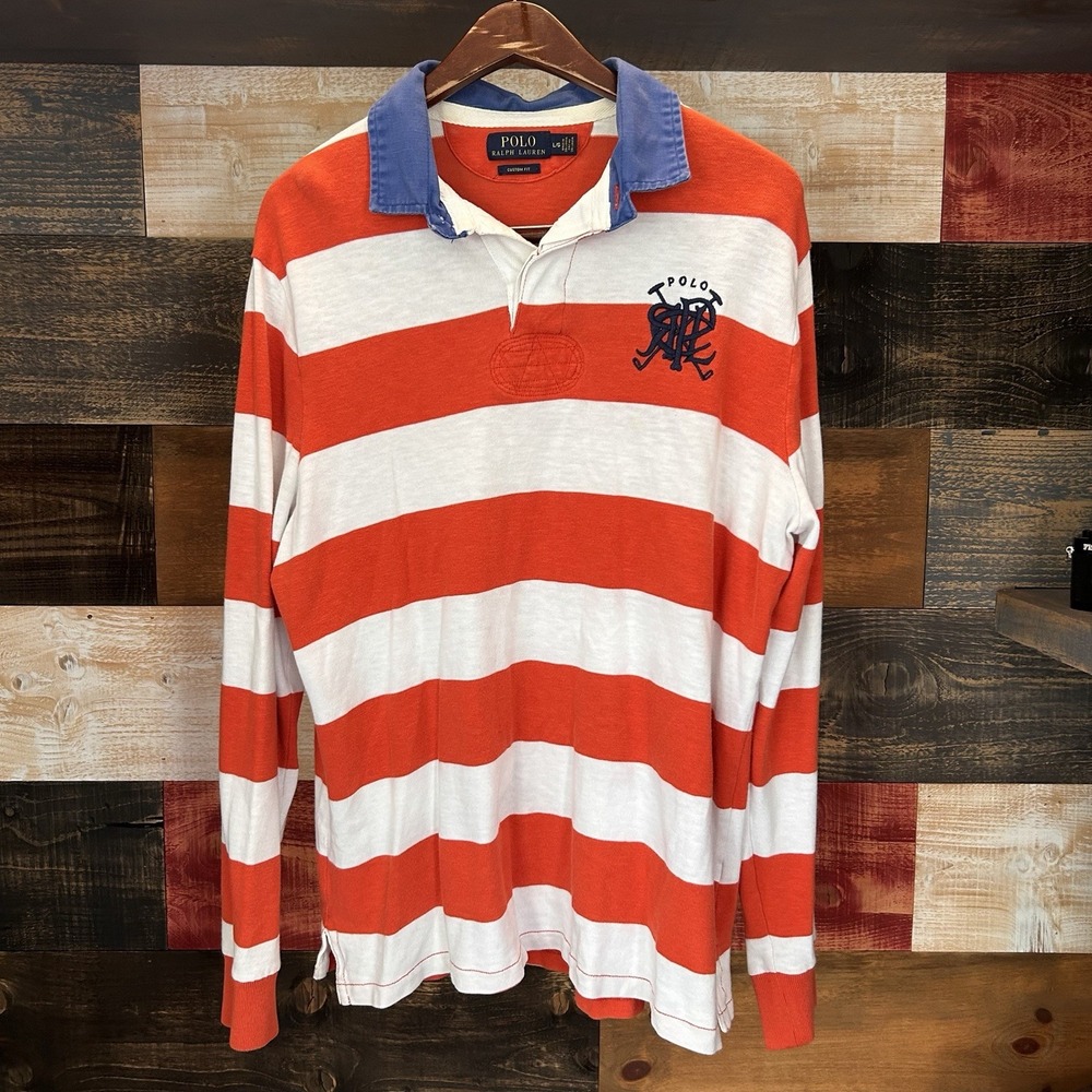 Polo Ralph Lauren Scribble Logo Rugby Polo Striped Mens Large Orange White